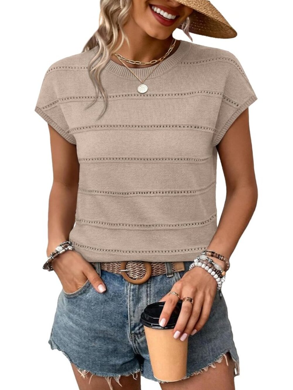 Versatile Lightweight Sweater for Women – Cap Sleeve Hollow Out Knit Blouse